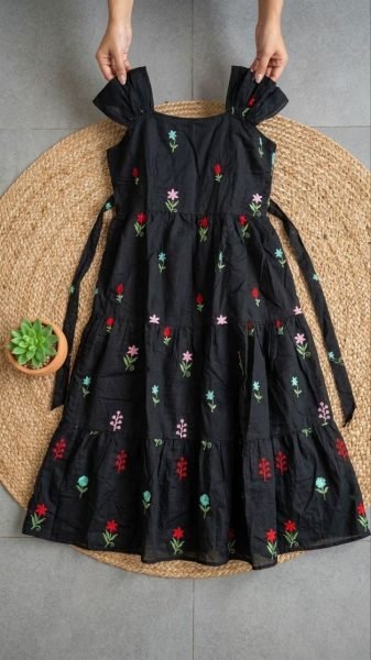 Boho-Chic Black Sleeveless Dress with Multi-Color Floral Embroidery Western Ladies Top Wholesale