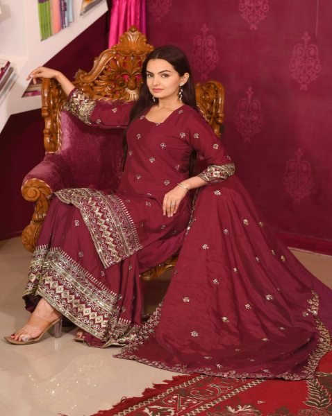 Bold and Beautiful  Red Chinon Sharara Suit with Mirror Work & Heavy Embroidery for Women Ready To Wear Collection