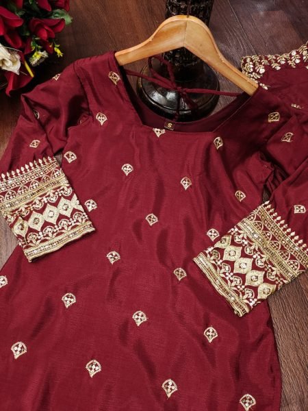 Bold and Beautiful  Red Chinon Sharara Suit with Mirror Work & Heavy Embroidery for Women Ready To Wear Collection