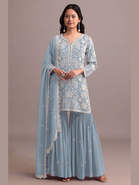 Bold Baby Blue Elegant Georgette Suit with Heavy Net Dupatta for Party Wear Salwar Kameez