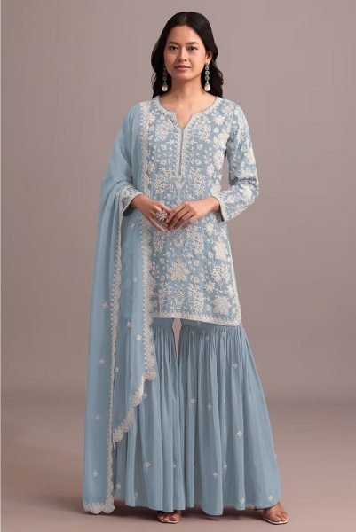 Bold Baby Blue Elegant Georgette Suit with Heavy Net Dupatta for Party Wear Sharara Set