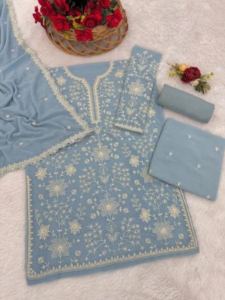 Bold Baby Blue Elegant Georgette Suit with Heavy Net Dupatta for Party Wear Sharara Set