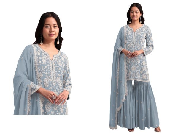 Bold Baby Blue Elegant Georgette Suit with Heavy Net Dupatta for Party Wear Sharara Set