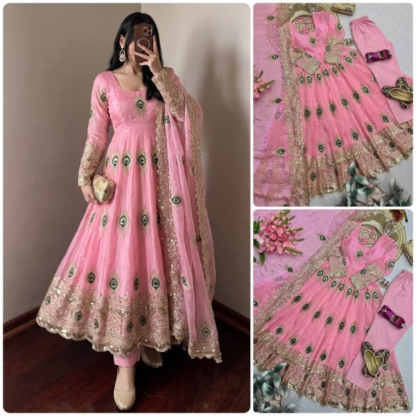 Bold Baby Pink Heavy Fandy Silk Embroidery Gown with Matching Dupatta at Manufacturer  Ready To Wear Collection