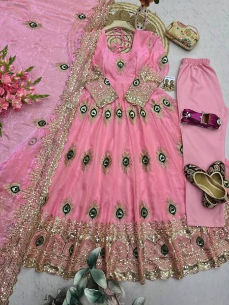 Bold Baby Pink Heavy Fandy Silk Embroidery Gown with Matching Dupatta at Manufacturer  Ready To Wear Collection