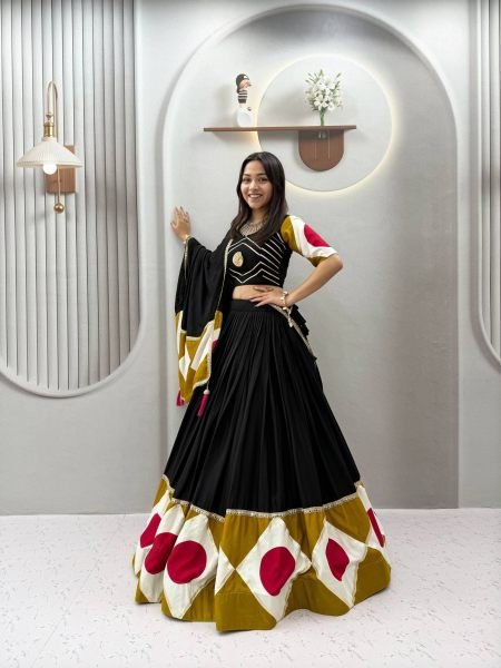 Bold Black Cotton Navratri Lehenga Choli with Gota Patti Work and 6 Meter Flair For Reseller   Lehenga