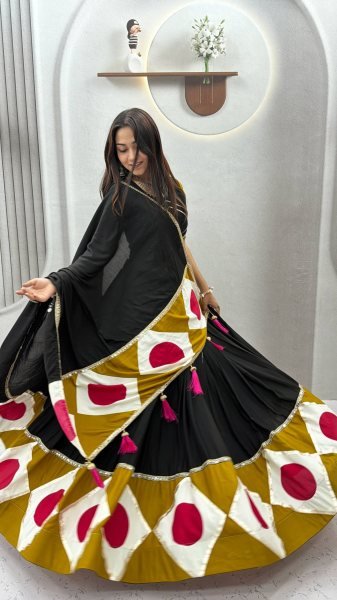 Bold Black Cotton Navratri Lehenga Choli with Gota Patti Work and 6 Meter Flair For Reseller  Navratri Lehnega Choli
