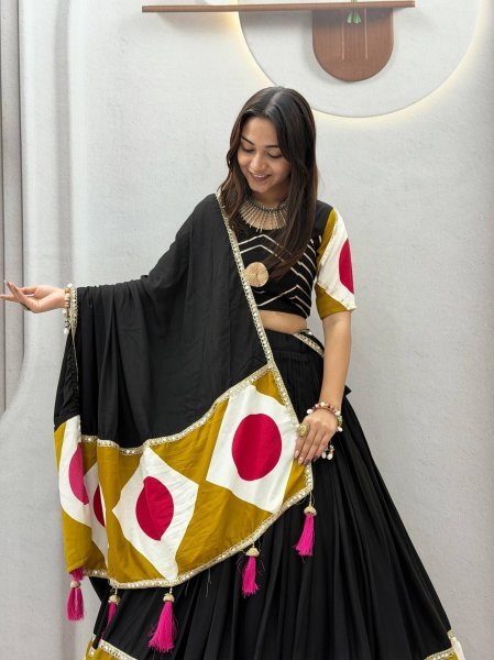 Bold Black Cotton Navratri Lehenga Choli with Gota Patti Work and 6 Meter Flair For Reseller  Navratri Lehnega Choli