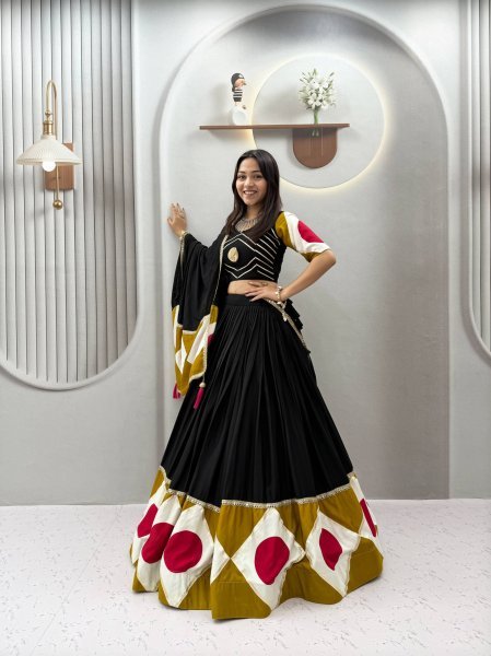 Bold Black Cotton Navratri Lehenga Choli with Gota Patti Work and 6 Meter Flair For Reseller  Navratri Lehnega Choli