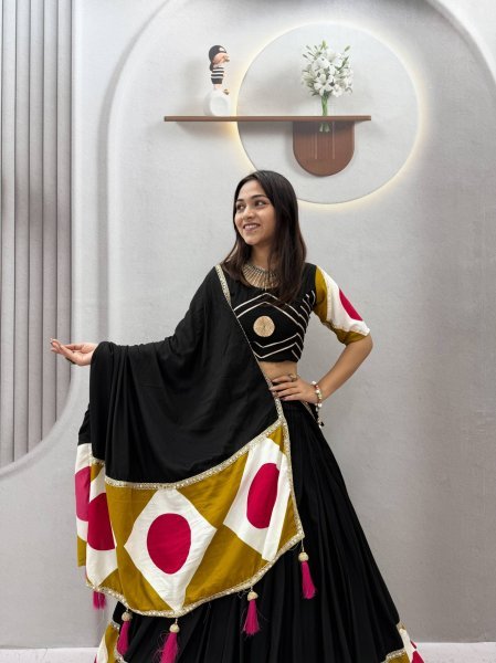 Bold Black Cotton Navratri Lehenga Choli with Gota Patti Work and 6 Meter Flair For Reseller  Navratri Lehnega Choli