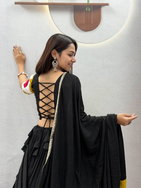 Bold Black Cotton Navratri Lehenga Choli with Gota Patti Work and 6 Meter Flair For Reseller  Navratri Lehnega Choli