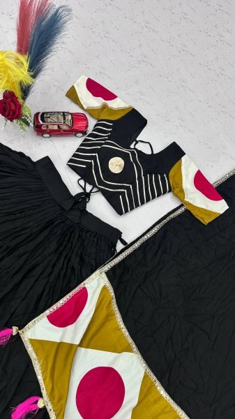 Bold Black Cotton Navratri Lehenga Choli with Gota Patti Work and 6 Meter Flair For Reseller  Navratri Lehnega Choli