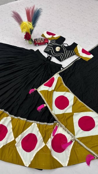 Bold Black Cotton Navratri Lehenga Choli with Gota Patti Work and 6 Meter Flair For Reseller  Navratri Lehnega Choli