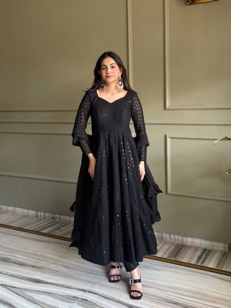 Bold Black Fox Georgette Lucknowi Embroidered Anarkali Gown Set with Ruffle Dupatta Ready To Wear Suit