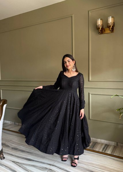 Bold Black Fox Georgette Lucknowi Embroidered Anarkali Gown Set with Ruffle Dupatta Ready To Wear Collection