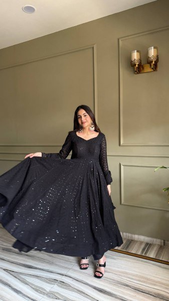 Bold Black Fox Georgette Lucknowi Embroidered Anarkali Gown Set with Ruffle Dupatta Ready To Wear Collection