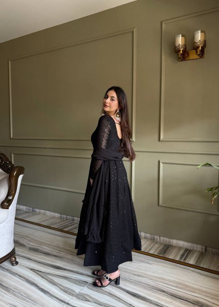 Bold Black Fox Georgette Lucknowi Embroidered Anarkali Gown Set with Ruffle Dupatta Ready To Wear Collection