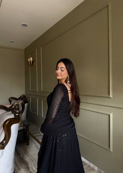 Bold Black Fox Georgette Lucknowi Embroidered Anarkali Gown Set with Ruffle Dupatta Ready To Wear Collection