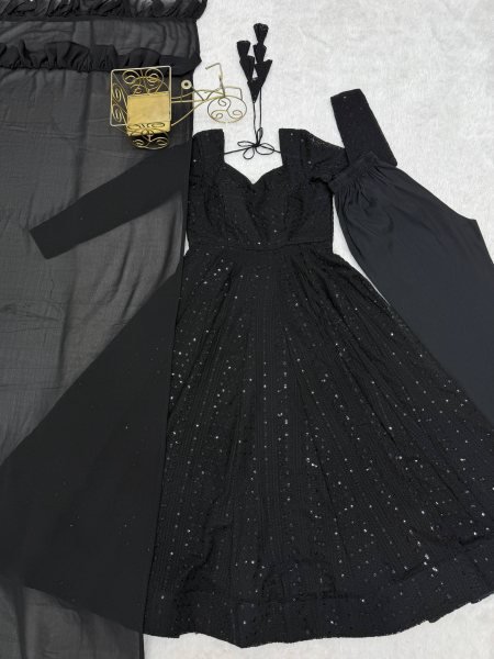 Bold Black Fox Georgette Lucknowi Embroidered Anarkali Gown Set with Ruffle Dupatta Ready To Wear Collection