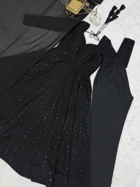 Bold Black Fox Georgette Lucknowi Embroidered Anarkali Gown Set with Ruffle Dupatta Ready To Wear Collection