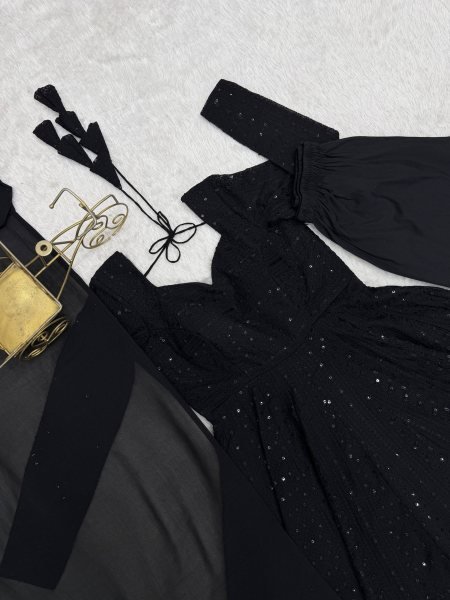 Bold Black Fox Georgette Lucknowi Embroidered Anarkali Gown Set with Ruffle Dupatta Ready To Wear Collection