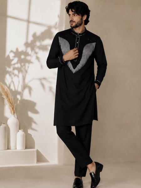 Bold Black Lachka Men s Kurta Pant Set with Heavy Embroidery and Side Pockets Mens Wear
