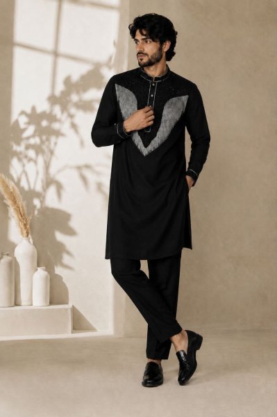 Bold Black Lachka Men s Kurta Pant Set with Heavy Embroidery and Side Pockets Mens Short Kurta