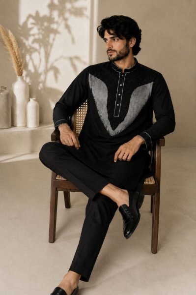 Bold Black Lachka Men s Kurta Pant Set with Heavy Embroidery and Side Pockets Mens Short Kurta
