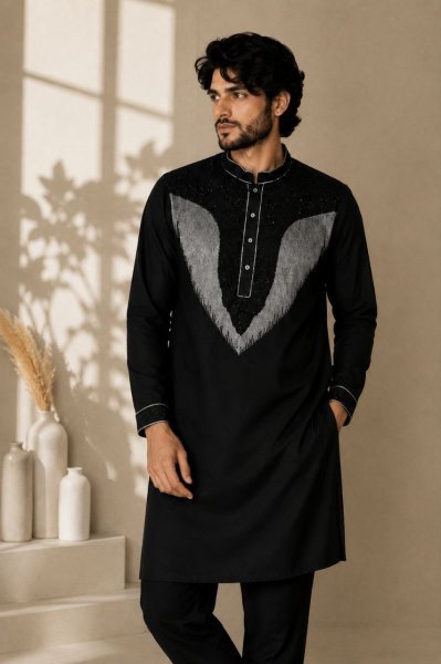 Bold Black Lachka Men s Kurta Pant Set with Heavy Embroidery and Side Pockets Mens Short Kurta