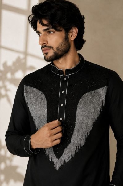 Bold Black Lachka Men s Kurta Pant Set with Heavy Embroidery and Side Pockets Mens Short Kurta