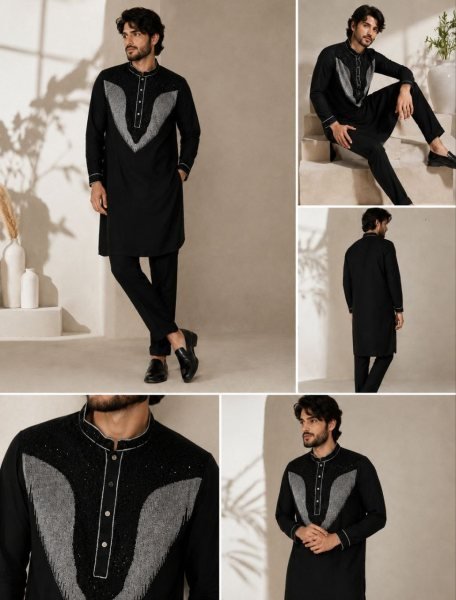 Bold Black Lachka Men s Kurta Pant Set with Heavy Embroidery and Side Pockets Mens Short Kurta