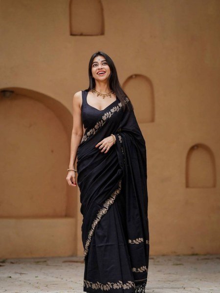 Bold Black Linen Cotton Saree with Digital Print for Casual and Festive Wear Sarees 