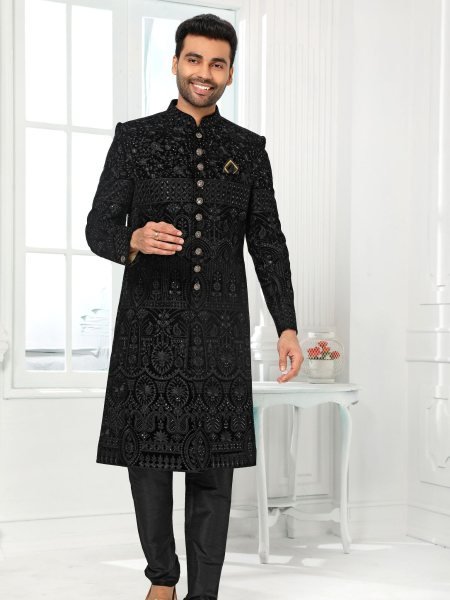 Bold Black Mens Ethnic Set with Art Silk Jacket for Luxury Collection Mens Wear