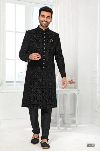 Bold Black Mens Ethnic Set with Art Silk Jacket for Luxury Collection Kurta Pajama Wholesale