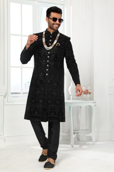 Bold Black Mens Ethnic Set with Art Silk Jacket for Luxury Collection Kurta Pajama Wholesale