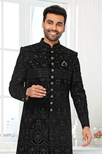 Bold Black Mens Ethnic Set with Art Silk Jacket for Luxury Collection Kurta Pajama Wholesale