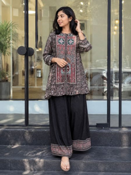 Bold Black Pure Natural Crepe Top and Palazzo Co Ord Set for Everyday CO ORD Sets