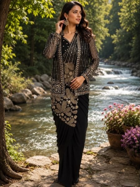 Bold Black Ready-to-Wear Lycra Saree with Matching Blouse at Factory Price 