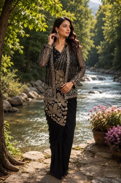 Bold Black Ready-to-Wear Lycra Saree with Matching Blouse at Factory Price Ready To Wear Saree 
