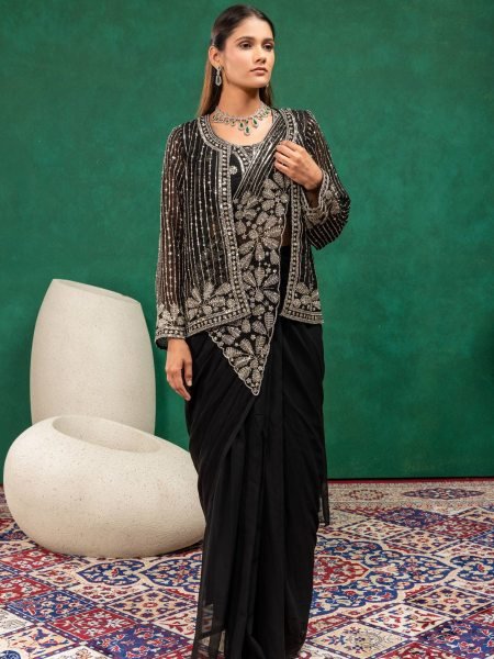 Bold Black Ready to Wear Saree with Designer Embroidered Blouse For Party Wear Sarees 