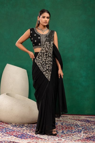 Bold Black Ready to Wear Saree with Designer Embroidered Blouse For Party Wear Ready To Wear Saree 