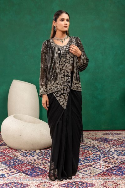 Bold Black Ready to Wear Saree with Designer Embroidered Blouse For Party Wear Ready To Wear Saree 