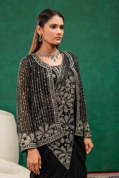 Bold Black Ready to Wear Saree with Designer Embroidered Blouse For Party Wear Ready To Wear Saree 