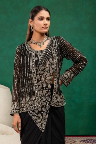 Bold Black Ready to Wear Saree with Designer Embroidered Blouse For Party Wear Ready To Wear Saree 