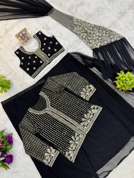 Bold Black Ready to Wear Saree with Designer Embroidered Blouse For Party Wear Ready To Wear Saree 