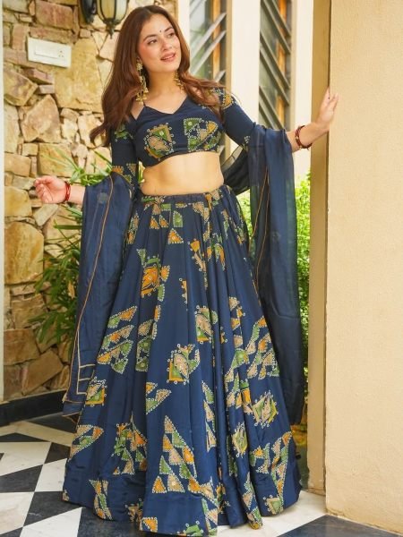 Bold Blue Chinon Silk Digital Printed Lehenga Choli with Dupatta at Wholesale Rate 