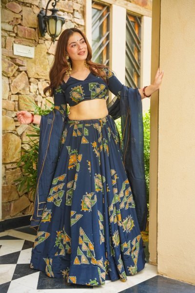 Bold Blue Chinon Silk Digital Printed Lehenga Choli with Dupatta at Wholesale Rate Designer Lehenga Choli