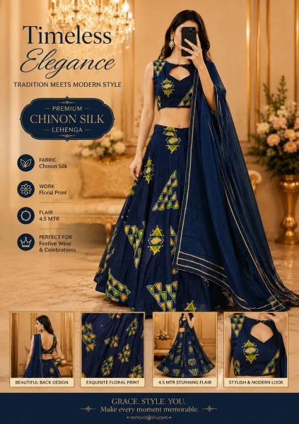 Bold Blue Chinon Silk Digital Printed Lehenga Choli with Dupatta at Wholesale Rate Designer Lehenga Choli