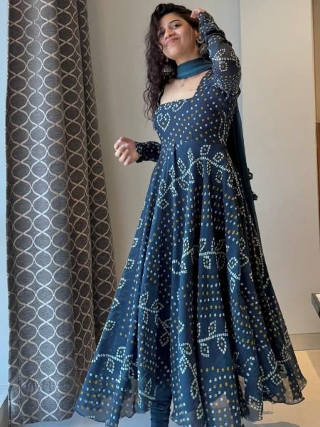 Bold Blue Faux Georgette Digital Printed Gown with Pant and Dupatta Set For Rakhi Ready To Wear Suit