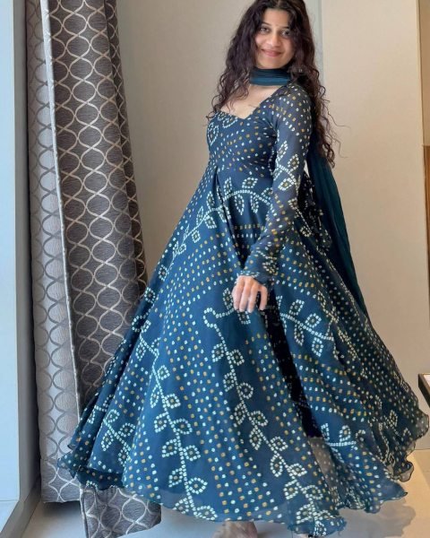 Bold Blue Faux Georgette Digital Printed Gown with Pant and Dupatta Set For Rakhi Ready To Wear Collection